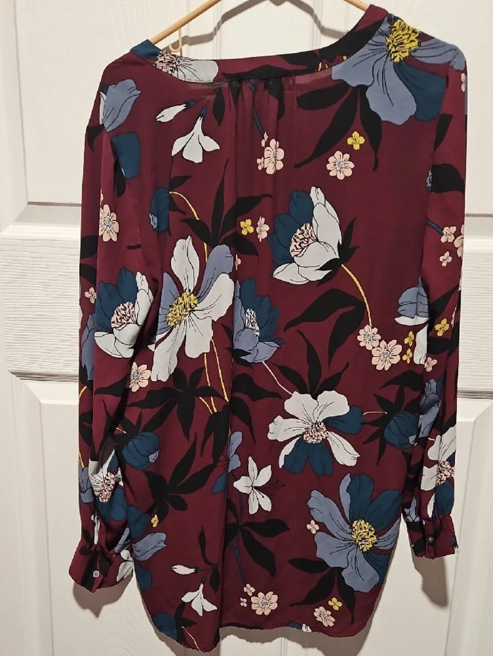 LOFT Burgundy Floral V-Neck Long-Sleeve Blouse